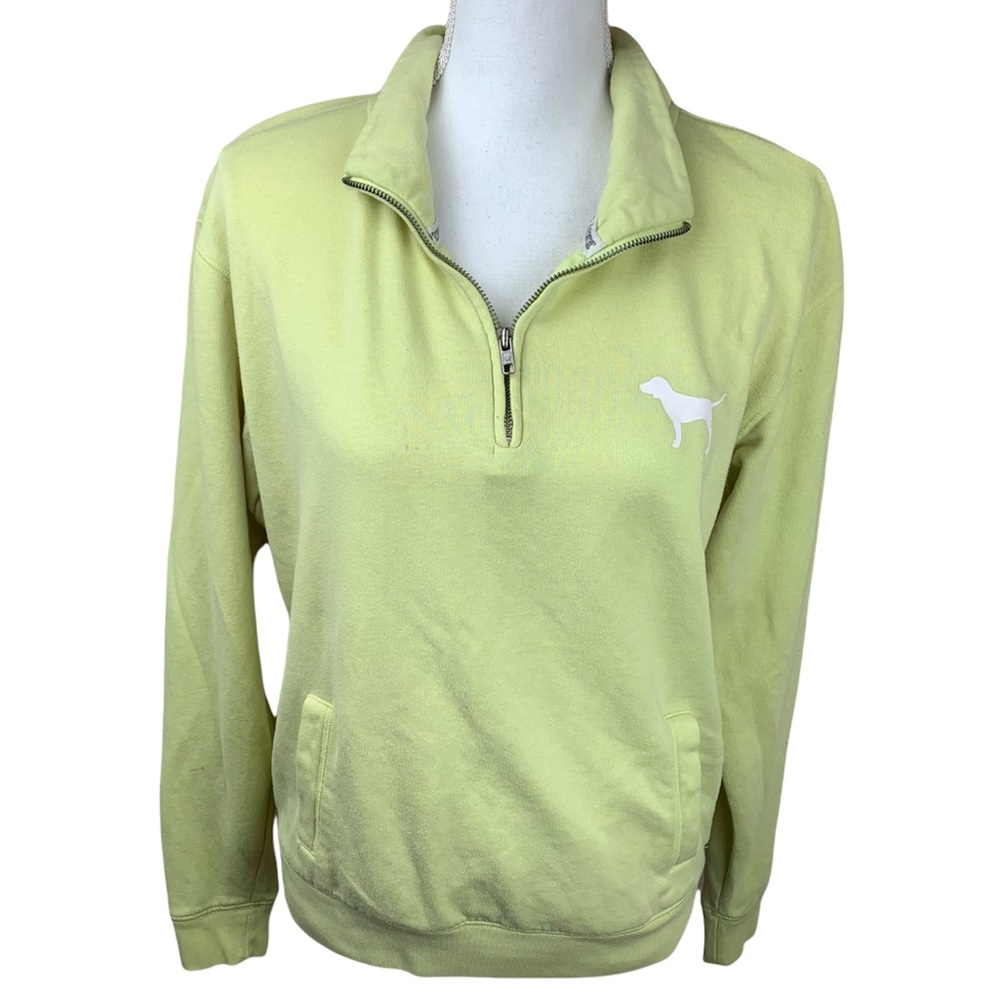 VS PINK Love Pink Back Detail Green Quarter Zip Pullover Sweatshirt - Picture 2 of 15